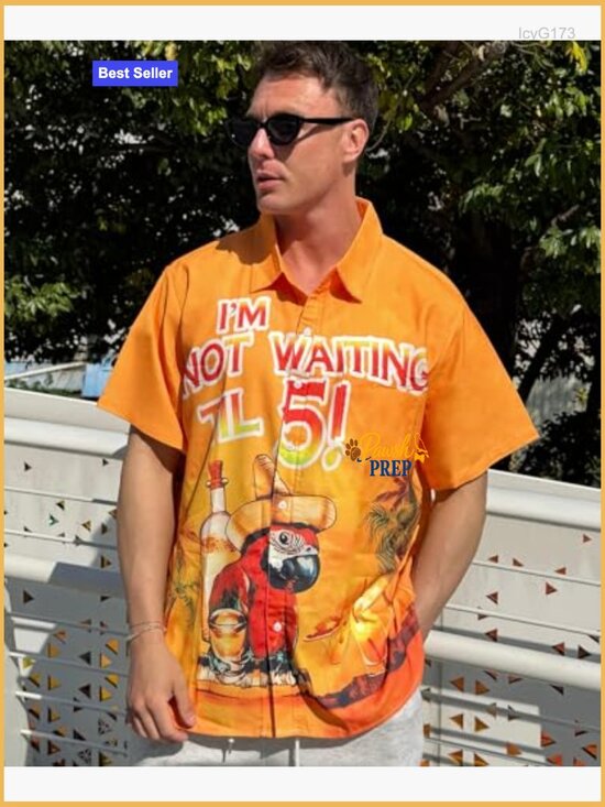 Men's Regular Fit Button Down Shirt Short Sleeve Polyester Tropical Party - Picture 3 of 6